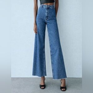 Zara marine straight high rise wide leg jeans size 2 raw hem stretch denim